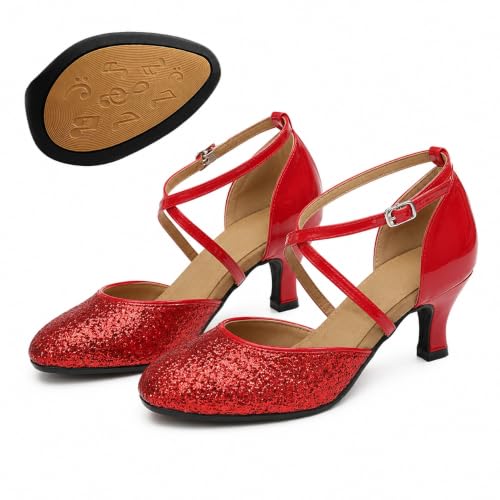 Hixingo Zapatos de Baile Latino Mujer,Salsa y Bachata Cerrados Tango Tacon de 7 cm, Salón Moderno Tango cha-cha Vals,Zapatos de Baile de Salón (115 Rojo,37)