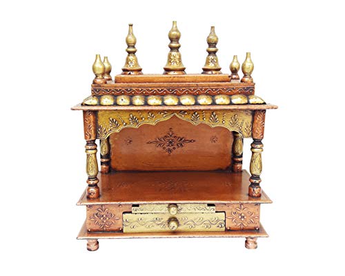 Image of Wood Pooja Mandir Temple for Home Handicraft Hindu Pooja Ghar Mandap for Worship Copper Gold Painted Home Wall Decor Shrine
