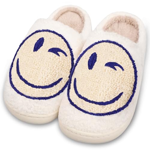 Image of Smile Face Slippers for Women and Men, Retro Comfy Warm Soft Fuzzy Plush Slip-On House Shoes Funny Cute Happy Smile Home Winter Warmies Pillow Cloud Memory Foam Fluffy Slipper for Indoor & Outdoor