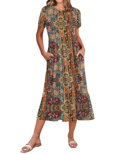 Image of Zeagoo Women Summer Midi A Line Dress Short Sleeve Casual Flowy Tiered Beach Long Sundress with Pockets 2026 Vacation Travel