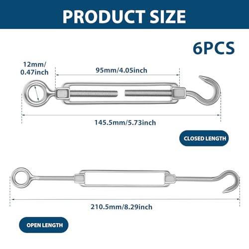 6 piezas Tensores para Cables M6 Gancho y Ojal - Tensores Ajustables de Acero Inoxidable 304 para Cableado y Hardware miniatura 2