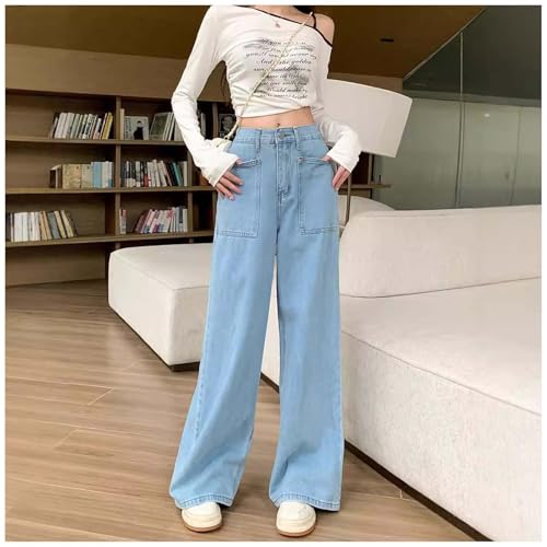 Women's Casual Mid Waist Cargo Jeans Elastic Waist Loose Jeans 90s Straight Baggy Wide Leg Denim Pants for Women2
