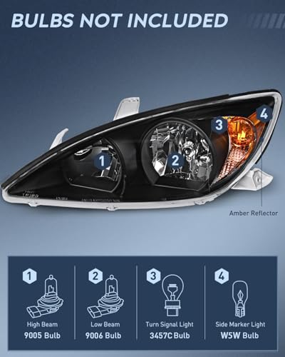 Image of Nilight Headlight Assembly for 2002 2003 2004 Toyota Camry LE /XLE Headlamps Replacement Black Housing Amber Reflector Clear Lens Driver and Passenger Side