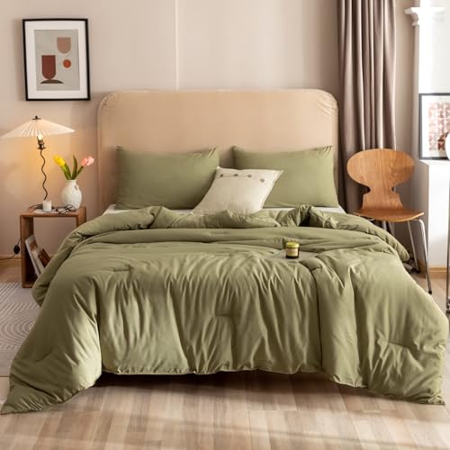 Image of ROSGONIA Oversized King Comforter 120x120, 3pcs Super King Comforter (1 Olive Green Comforter & 2 Pillowcases) Lightweight Warm Bedding Set Quilt