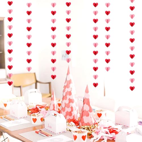 Image of Galentines Party-Decorations Valentines-Day 3D-Heart Garland - 40ft Red Pink Streamers Paper Banner, Proposal Anniversary Romantic Birthday Baby Shower Rustic Wedding Hanging Ornaments Decor Hugfond