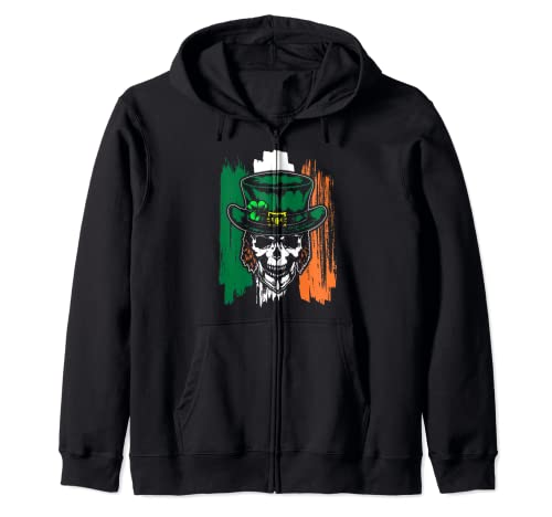 Leprechaun Irish Flag Skull Skeleton St Patricks Day Felpa con Cappuccio
