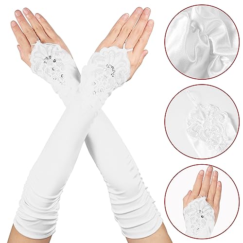 Guantes de encaje sin dedos largos hasta el codo accesorios boda satén blanco 4