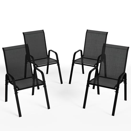RTDTD Gartenstühle,stapelbare Esszimmerstühle für den Außenbereich mit Armlehnen,atmungsaktives Textilene und Stahlgestell für Garten,Balkon,Hinterhof (4-teiliges Set,schwarz)