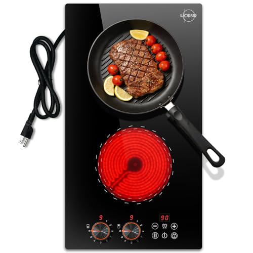 2 Burner Electric Cooktop 110v Hobsir, 2000W Electric Stove Top Burner 12 Inch, 9 Power Levels, Knob & Touch Control, Plug in Cooktop 120v, 99 Mins Timer, Safety Lock, Automatic shutdown by Hobsir hob - Used condition - US$100.73