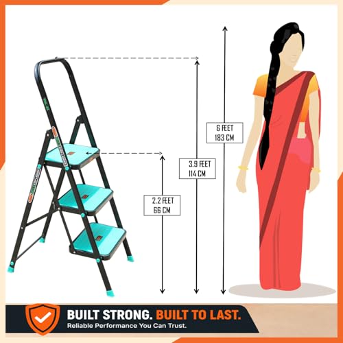 Image of Prime Hulk 3 Step Heavy Duty Steel Step Ladder for Home | Extra Wide Anti-Skid Steps | Strong Stable No-Wobble Design | Powder Coated | Slim Foldable Space Saving Ladder with Rubber Feet