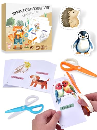 Kinderschere Set mit 2 Scheren und 48 Bastelpapier (mit je 2 Tieren) Bastelset für Kinder ab 3 Jahre Montessori Lernspielzeug für Feinmotorik Vorschule & zu Hause Ideales Ostergeschenk