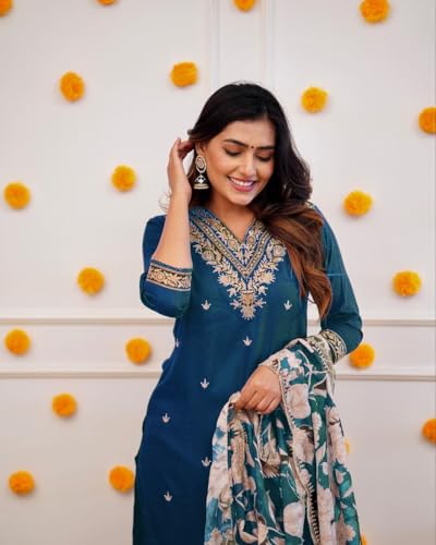 Image of Women Afghani Viscose Rayon Kurta Pant Dupatta Set with Embroidered Neck Work and Floral Print Organza Dupatta | Ethnic Straight Suit Set
