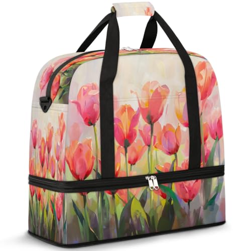 Travel Duffel Bags Tulips Pattern Foldable Weekender Bags for Women with Shoes Compartment Waterproof & Tear Resistant Carry on Overnight Luggage Duffel Bag Shoulder Sports Tote Bag