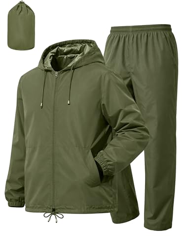 UIQUR Mens Rain Suit Waterproof Rain Jacket with Rain Pants 2 Pieces Lightweight Packable Raincoat with Hood Running Cycling Army Green XL