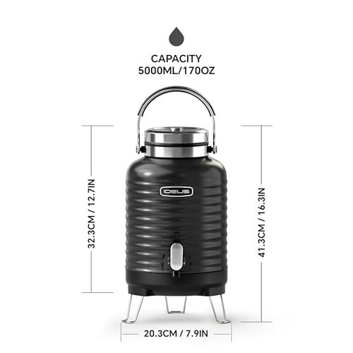 Image of IDEUS Insulated Beverage Dispenser, All-in-one for Camping Vacuum Double-Wall Stainless Steel Water Cooler Coffee Carafe Jug Leakproof Drink Container with Handle, Spigot & Stand (Black, 1,4gal)