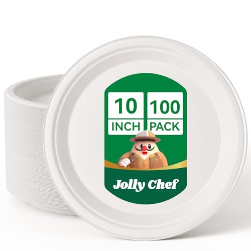 JOLLY CHEF Zuckerrohrteller Kompostierbare 10 Zoll, 100 Stück Weiße