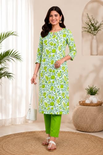 Image of Women's Cotton Floral Printed V-Neck A-Line Kurta /Regular Fit Kurti-3 /4 Sleeve