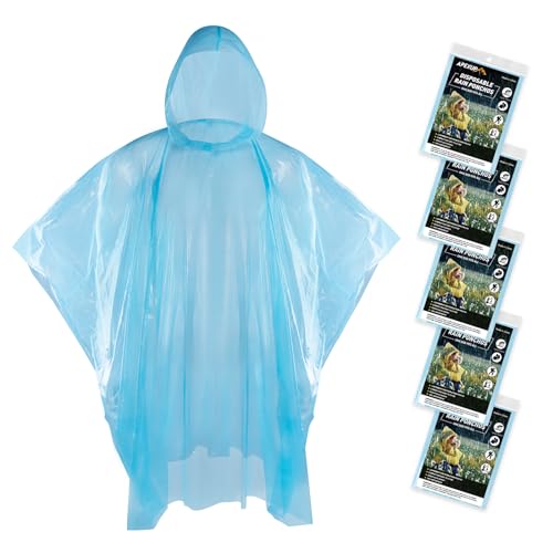 APEXUP Disposable Rain Ponchos for Adults, Emergency Rain Poncho for Camping Hiking Travelling Blue 5 Pack