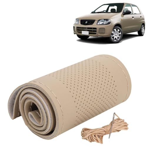 Image of KINGSWAY PU Leatherite Car Steering Cover Sewable Compatible with Maruti Suzuki Alto (Year 2000-2012), Beige Color with Beige Thread, Pack of 1 with Sewing Needle and Thread