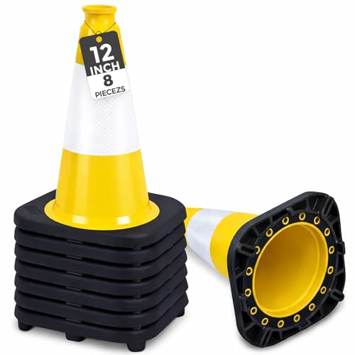 Image of BESEA 8 Pack 12 Inch Yellow Traffic Cones with Wide Stable Base