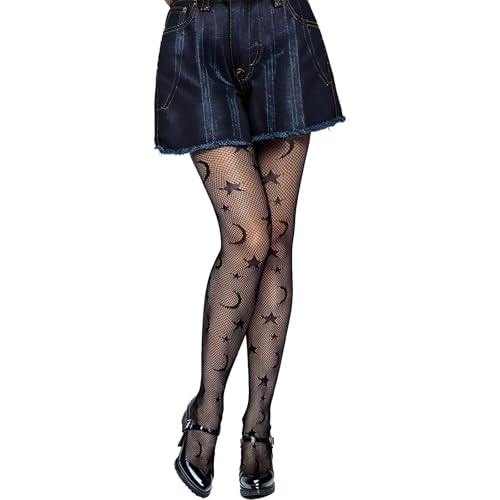 Funky Tights, Star And Moon Shape Tights Fishnets Cute Patterned Tight Stockings Lace Tight Lace Leggings Pantyhose Gothic Tightes Fishnet Leggings Fish Nets Legging for Women Girl (Black)
