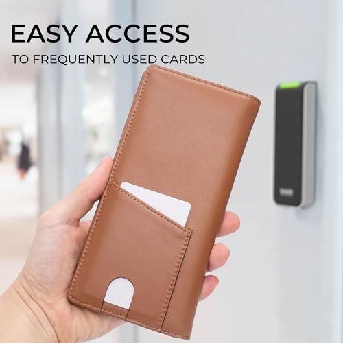 Image of Alldaily Bifold Slim Long Wallet for Men RFID-Blocking Thin Card Holder with ID Window (Leather Brown)