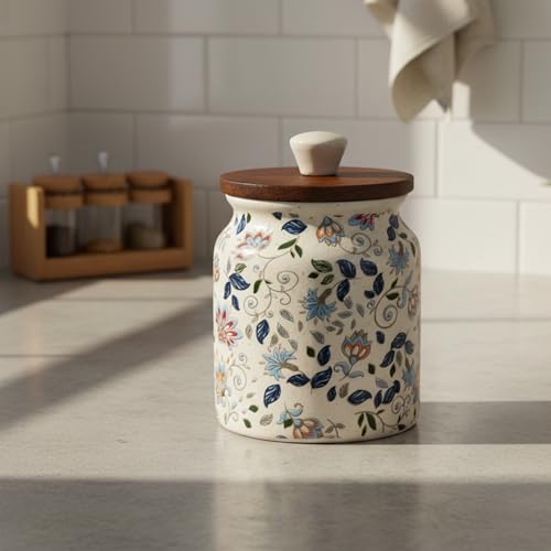 Image of Vistas 'Blue Bloom' Air Tight Container 420ml Set of 2 Ceramic Jars for Kitchen Storage | Handcrafted Kitchen Container Set | For Tea, Coffee, Sugar, Achar, Pickle, Spice & Salt Container