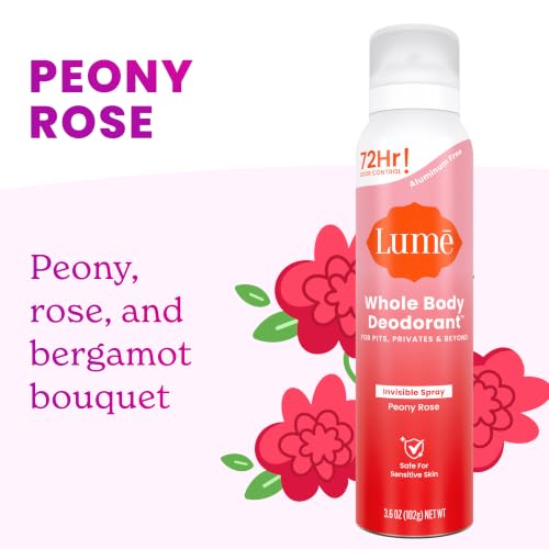 Image of Lume Whole Body Deodorant Spray 3.6oz (Peony Rose) | 72-Hour Odor Control, Aluminum & Baking Soda Free, Whole-Body Deodorant Spray for Women - Safe for Underarms & Private Parts