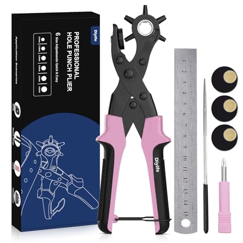 Image of Leather Hole Punch Set, Diyife Revolving Punch Plier Kit, Multi Sized for Belt, Watch Band, Shoes, Crafting, Saddles, Handbag Straps, Fabric or DIY, Pink