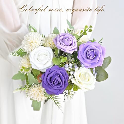 BLEUM CADE 16Pcs Artificial Flowers Fake Roses with Stems, Gradient Purple Boxed Foam Roses for DIY Bouquets Centerpieces Wedding Party Arrangement Bridal Shower Decor