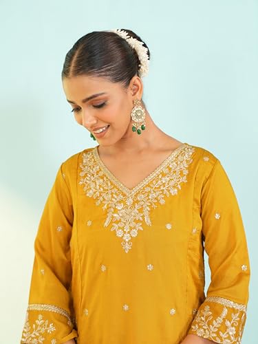 Image of Naixa Women's Vichitra Silk Embroidered A-Line Kurta with Pant and Dupatta Sets (NX-845)