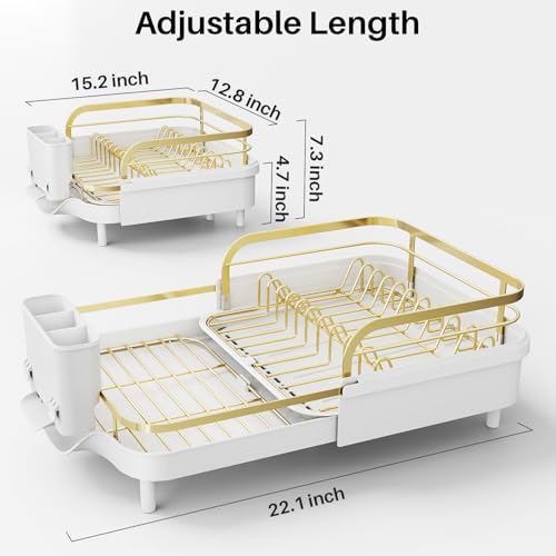 Image of SNTD Dish Drying Rack, Expandable Dish Rack for Kitchen Counter, Stainless Steel Dish Drainer with Drainboard Set and Utensil Holder (Gold)