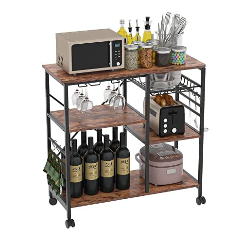 iDFURLFKitchen Shelf Microwave Oven Rack with 6 Hooks and 4 Removable Stop Wheels, Suitable for Kitchen/Home Office/Bathroom (Brown)