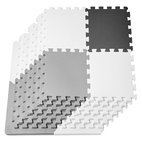 Image of ProSource Baby Play Mat, Soft Foam Floor Tiles for Kids, Interlocking EVA Panels for Playpen Use, Crawling Development Surface, Safe Non-Toxic Toddler Flooring, 32 Tiles, Black /Gray /White