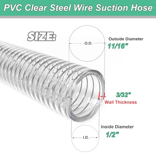 Image of Suction Hose 1 /2 inchid-50ft Clear Steel Wire Reinforced Vinyl Tubing | Flexible Heavy Duty Vacum Hose Fuel Oil Gas Water for Marine Bilge Pump Pond Spa