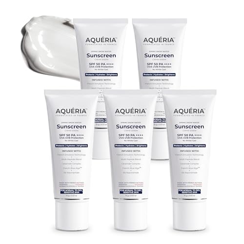 Image of Aqueria Brightening & Moisturizing Multi-Active French Sunscreen SPF 50 PA++++ | In-Vivo /In-Vitro Tested | Travel Pack | 5% Niacinamide, 5 Ceramides & Vitamin E | Modern UV Filters | Broad Spectrum UVA /UVB & Blue Light Protection | Lightweight, No White Cast, Sweat Resistant | Suitable for Daily Use | For Normal, Dry & Sensitive Skin | Pack of 5 (75G)