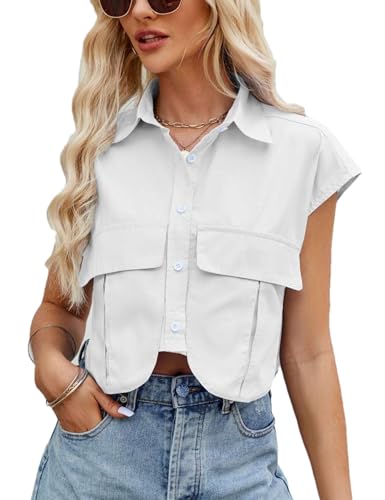 Womens Sleeveless Cropped Short Button Down Shirt Lapel Collared Loose Cap Sleeve Blouses Tops Vest with Pockets