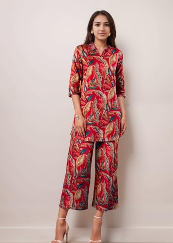 Image of SHIENZY Women Rayon Co Ord Set | Stylish Printed Kurta Top with Wide Leg Pants | Casual Summer Top with Palazzo Pants | Casual Lounge Wear Outfit | Comfortable Travel Outfit | Trendy Set