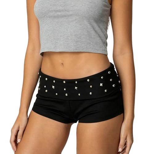 Fufuriprefer Women Y2K Low Waist Studded Shorts Punk Fold Over Slim Fit Skinny Micro Mini Shorts Low Rise Sexy Bottom (Black S)