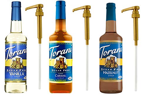 Torani Sugar Free Syrup PLUS 3 Pumps, Vanilla, Classic Caramel and Hazelnut, 25.4 Ounce (3 Pack) for Torani 25.4 Ounce Bottles, to Enhance Coffee, Latte, Desserts