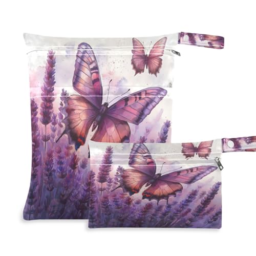 ATTX Lavender Field with Butterflies Wet Dry Bags 2-Pack - Reusable Cloth Diaper Storage for Travel, Beach & Gym | Multi-Use Waterproof Bags for Swimsuits, Baby Clothes, Sports Gear#596