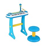 Maxmass Kids Piano and Stool, 31-Key Children Electronic Keyboard with Flashing Light, Microphone, Recording and Playback Function, Toddler Toy Piano for 3+ Boys and Girls (Blue)
