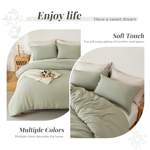 Image of MILDLY Duvet Cover 120 inchx98 inch Ultra Soft Comforter Cover Set 3pcs, Mist Sage | Washed Microfiber Cotton-Like, Breathable Comfort, Hidden Zipper, 8 Corner Ties, OEKO-TEX Certified, Fade Resistant