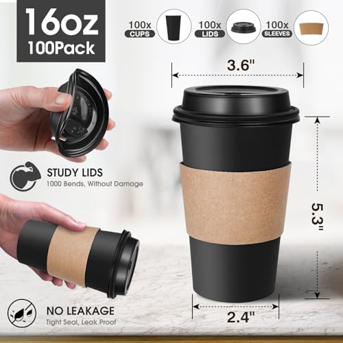 Ginkgo 100 Pack Disposable Coffee Cups with Lids and Sleeves 16 oz, To Go Black Paper Hot Drinks Cups for Home, Cafes and Coffee bar Accessories by Ginkgo - Image 2