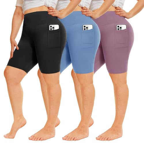 Image of QGGQDD 3 Pack Plus Size Biker Shorts for Women – 8" High Waisted Black Shorts for Yoga Workout (2X 3X 4X)