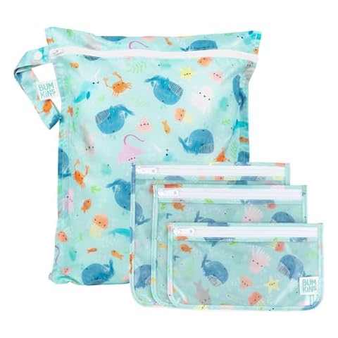 Bumkins Waterproof Wet Bag and Packing Pouches, TSA Airline Compliant, Pack for Baby, Travel, Swim Suit, Cloth Diapers, Pump Parts, Pool, Gym Clothes, Toiletry, Daycare, Zip Bag, 4-pc Ocean Life Blue Cover