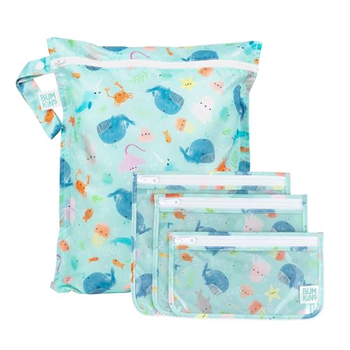 Image of Bumkins - Waterproof Wet Bag & Clear Travel Bags - For Beach, Baby, Travel, Swim Suit, Cloth Diapers, Pump Parts, Pool, Gym, Toiletries - Reusable & Easy to Clean - Ocean Life Blue - 4 Pack