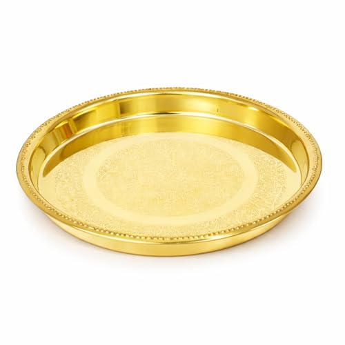 Image of Spillbox Brass Pooja Thali for Mandir Traditional Pital Puja Engraved Aarti Thali for Diya Kumkum Haldi Hindu Prayer Worship Plate for Temple Home Pooja Festival Use[250g]-9inch-Petal Plate