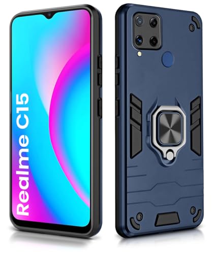 Image of WOW IMAGINE Shock Proof Back Case Mobile Cover for Realme C15 | Back Cover Case (Tough Armor | Hybrid PC + TPU | Ring Holder & in-Built Kickstand | Blue)