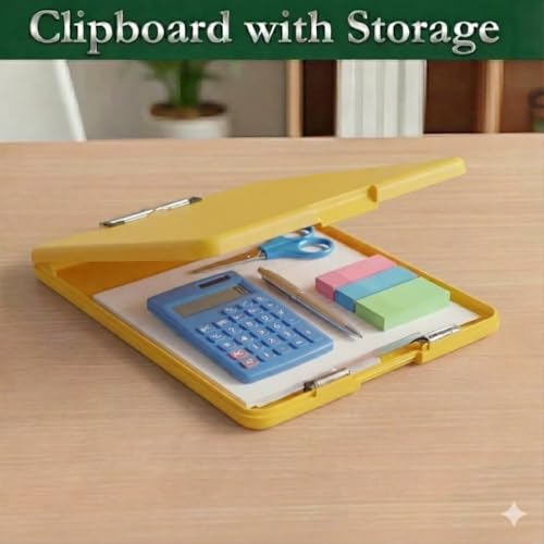 Image of Yajnas Clip Pad /Clipboard with Built-in Storage Compartment and Pen Holder - Durable, Lightweight Writing Pad with Snap Closure - Ideal for Office, School, Fieldwork (Yellow Colour)